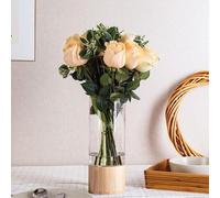 Vaso de vidrio cilíndrico grande Unyqoos® de 31 cm – fabricado a mano, vidrio cristalino de 12 cm de diámetro, con base de madera. Ideal como elemento decorativo para mesas, bodas o salones