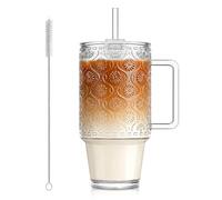 Vaso de vidrio de 24 onzas con popote y tapa, tazas de café helado con tapas, taza de batidos con asa, cristalería con patrón de begonia para bebidas frías, vaso reutilizable para bebidas