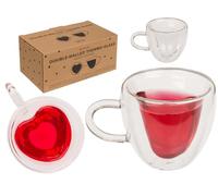 Vaso térmico de doble pared con forma de corazón, aprox. 9 x 8,3 cm, aprox. 180 ml, cristal de brosilicato, juego de 2 unidades en embalaje de papel kraft