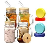 Vasos con pajita y tapa, vaso Mason Jar para beber 4, vasos de cóctel batido de vidrio conjunto, vasos de cóctel taza de vidrio, tarros de masón con mango para el agua, café, cóctel, refresco, regalo
