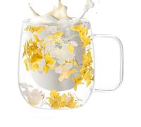 Vasos de café de vidrio doble Taza de Vidrio para Té con Flores Secas | Vaso transparente aislante de calor y tazas de té aislantes de doble capa con asa 250ml Para zumo, bebidas y agua