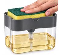 VAZCAN® Dispensador y Dosificador de Jabón Cocina 2 en 1 con Soporte Estropajo - Jabonera de Prensa, 350 ml, Depósito Transparente - Gris Oscuro y Transparente