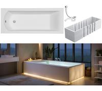 VBChome, bañera de 160 x 70 cm, color blanco, de acrílico. Incluye soporte para bañera, espacio para iluminación LED, soporte de poliestireno, sifón y desagüe rectangular de diseño moderno con juego d