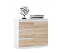 VBChome Cómoda de 80 x 35 x 75 cm con 3 cajones y 1 puerta, color blanco, roble Sonoma, sin mangos, armario multiusos para pasillo, dormitorio, salón