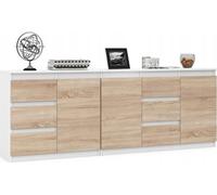 VBChome: Dos cómodas de 80 x 35 x 75 cm y 120 x 35 x 75 cm, con 6 cajones y 3 puertas, color blanco y con tiradores imitación roble Sonoma. Cómoda sin tiradores para el dormitorio