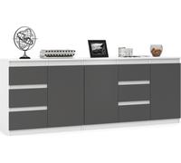 VBChome: Dos cómodas de 80 x 35 x 75 cm y 120 x 35 x 75 cm, con 6 cajones y 3 puertas, color blanco y gris. Cajonera sin tiradores, mueble multiusos