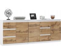 VBChome: Dos cómodas de 80 x 35 x 75 cm y 120 x 35 x 75 cm, con 6 cajones y 3 puertas, en blanco y roble Wotan. Cajonera sin tiradores, mueble multiusos