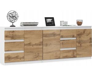 VBChome: Dos cómodas de 80 x 35 x 75 cm y 120 x 35 x 75 cm, con 6 cajones y 3 puertas, en blanco y roble Wotan. Cajonera sin tiradores, mueble multiusos