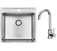 VBChome: Fregadero empotrable de acero inoxidable, 49x48x21 cm. Acero cepillado con orificio para grifo. Fregadero de cocina grande con sifón y grifo cromado. Diseño moderno