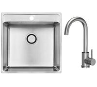 VBChome: Fregadero empotrable de acero inoxidable, 49x48x21 cm. Acero inoxidable cepillado con orificio para grifo. Fregadero de cocina con grifo y sifón. Gran lavabo de acero inoxidable