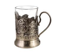 VBESTLIFE Vaso de té Ruso con Soporte de Metal, Taza de Cristal Decorativa Transparente con Aislamiento Térmico para Bebidas Frías y Calientes, Patrón Europeo Vintage (Q0083)