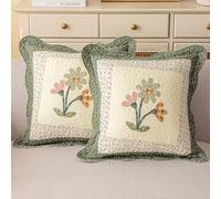 vctops Juego de 2 fundas de cojín cuadradas decorativas acolchadas de algodón con patrón floral festoneado suave para sofá, cama (verde, 18 x 18 pulgadas)