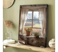 Vcvbhbn Cuadro decorativo de pared con ventana de casa de campo de piedra vintage, vista rústica de flores en maceta, decoración de casa de campo (20x30cm/sin marco)