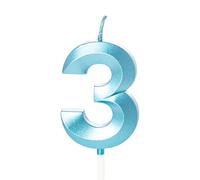 Vela azul de tercer cumpleaños número 3 para pastel, decoración azul de 3 velas de cumpleaños para niños de 3 años