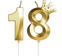 Vela de cumpleaños Con corona, número 18-2.36 pulgadas, color oro, 2 unidad, Velas Divertidas, Velas de Pastel, Velas Doradas para Fiesta Temática
