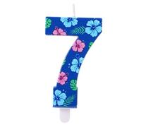 Vela de Cumpleaños con Número de Dibujos Animados, Adorno para Tarta con Temática Hawaiana y Anime Azul 3D (con Diseño Floral) Ideal para Fiestas Infantiles (Número 7)