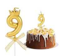 Velas de Cumpleaños con Números Grandes, Velas de Pastel de Cumpleaños Velas Cumpleaños Numeros Decoración para Tartas con Arco y Corona para Bodas Fiestas de Graduación, Dorado, Número 9