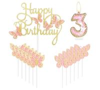 Velas de mariposa de feliz tercer cumpleaños, decoración de pastel de cumpleaños número 3, color oro rosa, decoración de pastel de tercer cumpleaños para niñas, decoración de pastel de 3er cumpleaños