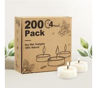 Velas de soja, con una duración de 4 horas de encendido, paquete de 200 velas blancas, sin perfume, sin humo y sin parafina, con soporte de acrílico. Ideales para Navidad y bodas