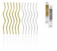 Velas Rizadas para pastel, tarta, en espiral elegantes para Cumpleaños, bodas, celebraciones, 48 Unidades (Oro/Plata Metalizado), 16,4 cm, Cera Segura e Inodora, Soporte Plástico de 4,5 cm -Outlet