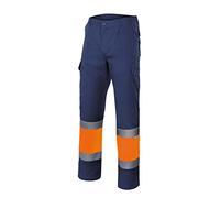 VELILLA 156; Pantalón de Alta Visibilidad bicolor forrado multibolsillos; color Azul Marino y Naranja Flúor; Talla 2XL