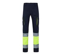 VELILLA 303007; pantalón de Alta Visibilidad 100% algodón, Bicolor y Multibolsillos; Color Azul Navy y Amarillo flúor, Talla S