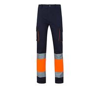 Velilla 303007; pantalón de Alta Visibilidad 100% algodón, bicolor y multibolsillos; color azul navy y naranja flúor, talla XL