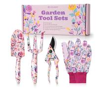 Velway Juego de Herramientas de Jardinería 5 Piezas, Herramientas de Metal con Diseño Floral, Guantes y Caja de Regalo, Ideal para Mujeres, Día de la Madre, Navidad, Cumpleaños