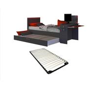 Venta-unica - Cama nido gamer 2 x 90 x 200 - Con escritorio - LEDs - Antracita y rojo + Somier - VOUANI