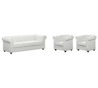 Venta-unica - Sofá 3 plazas y 2 sillones Chesterfield - Piel sintética - Blanco