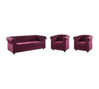 Venta-Unica - Sofá 3 plazas y 2 sillones de Terciopelo Chesterfield - P˙rpura