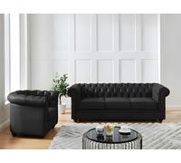 Venta-unica - Sofá de 3 plazas y sillón de Piel de búfalo Chesterfield - Negro