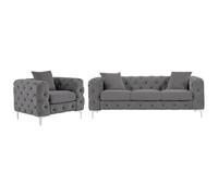 Venta-unica - Sofá de 3 plazas y sillón de terciopelo antracita EDWINA