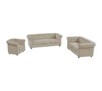 Vente-única - Sofá de 3 plazas, 2 plazas y Sillón de Terciopelo Beige Chesterfield