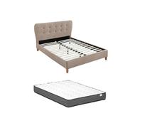 Vente-unique-Cama 140 x 190 cm con cabecero capitoné - Tela - Beige + colchón - Elide