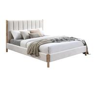 Vente-unique-Cama 160 x 200 cm con cabecero de Costuras Verticales - Terciopelo - Marfil - SIZAMA