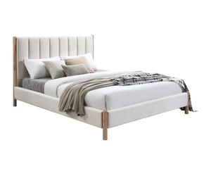 Vente-unique-Cama 160 x 200 cm con cabecero de Costuras Verticales - Terciopelo - Marfil - SIZAMA