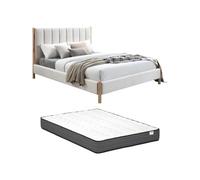 Vente-unique-Cama 180 x 200 cm con cabecero con Costuras Verticales - Terciopelo - Marfil + Colchón - SIZAMA