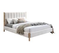 Vente-unique-Cama 180 x 200 cm con cabecero de Costuras Verticales - Terciopelo - Marfil - SIZAMA