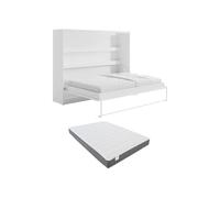 Vente-unique-Cama abatible 140 x 200 cm - Apertura Horizontal Manual - con Leds - Blanco + Colchón - RAPILI