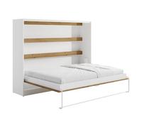 Vente-unique-Cama abatible 140 x 200 cm - Apertura Horizontal Manual - con Leds - Blanco y Natural - RAPILI