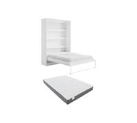 Vente-unique-Cama abatible 140 x 200 cm - Apertura Vertical Manual - con Leds - Blanco + Colchón - RAPILI