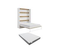 Vente-unique-Cama abatible 160 x 200 cm - Apertura Vertical Manual - con Leds - Blanco y Natural + ColchÛn - RAPILI