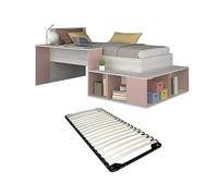 Vente-unique-Cama combinada 90 x 200 cm con Almacenamiento y Escritorio - Color: Natural y Rosa + Somier - RIGALI