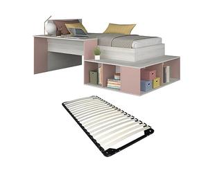Vente-unique-Cama combinada 90 x 200 cm con Almacenamiento y Escritorio - Color: Natural y Rosa + Somier - RIGALI