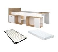 Vente-unique-Cama combinada 90 x 200 cm con Escritorio y Almacenamiento - Blanco y Natural + Somier + Colchón - Paloma