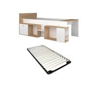 Vente-unique-Cama combinada 90 x 200 cm con Escritorio y Almacenamiento - Blanco y Natural + Somier - Paloma