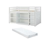 Vente-unique - Cama combinada de 90 x 190 cm con espacio de almacenamiento y escritorio extensible - pino y MDF - Blanco + colchón - ABRENO - para niños