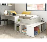 Vente-unique-Cama compacta 90 x 200 cm con Almacenamiento y Escritorio - Color: Natural y Blanco + Colchón + Somier - RIGALI