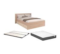 Vente-unique-Cama con 2 cajones 140 x 190 cm - Natural y Beige + Somier + ColchÛn - VELONA